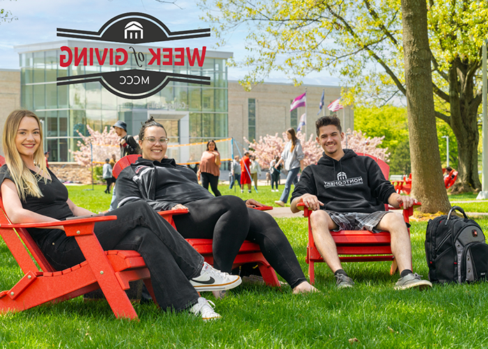 Three students sitting in chair on blue bell campus